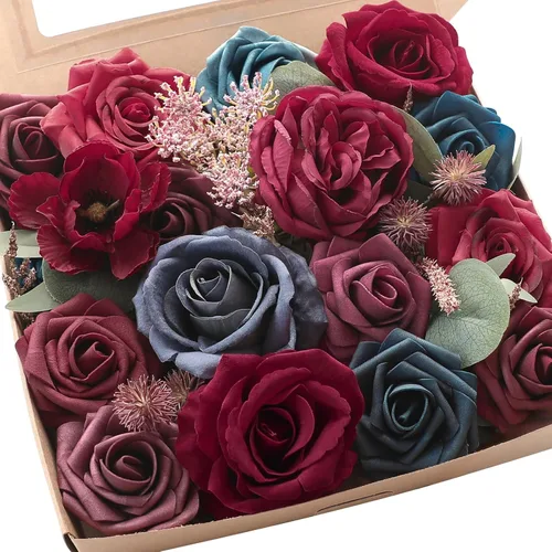 Miniatura 10 de Floroom - Flores artificiales de aspecto real en color lila, lavanda, púrpura y crema, rosas falsas, dalias y vegetación en conjunto de caja