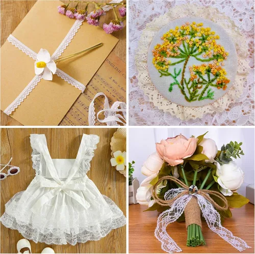 Miniatura 4 de Cinta de encaje blanco de 0.4 in de 10 yardas, cinta de encaje de ganchillo para manualidades, encaje elástico ancho para decoración de bodas