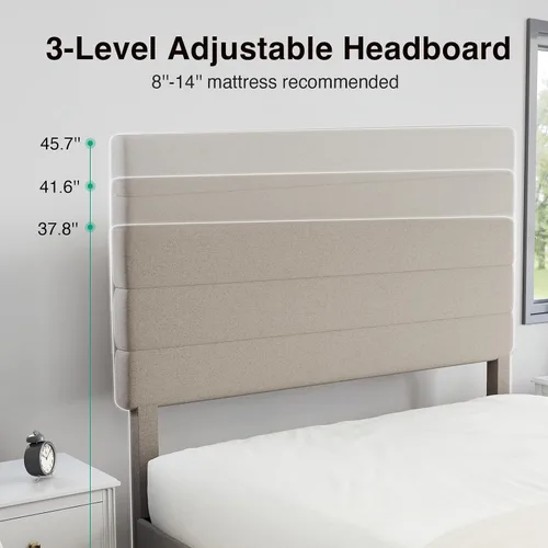 Miniatura 4 de Novilla Base de cama tamaño Queen, base de cama tamaño Queen con soporte de listones de madera, cabecera con rayas tapizada en lino, no necesita