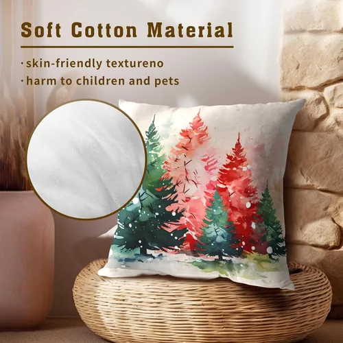 Miniatura 4 de Fundas de cojín de árboles de Navidad, 2 piezas, fundas de cojín de acuarela roja y verde decorativas de 20x20 pulgadas, fundas de cojín de algodón