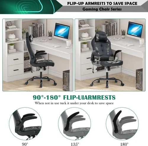 Miniatura 6 de Sillas de computadora para adultos, silla ergonómica de videojuegos con cojín lumbar grueso y brazos abatibles, silla de escritorio de piel