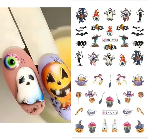 Miniatura 4 de Calcomanías de arte de uñas de Halloween, calcomanías de transferencia de agua, calcomanías de uñas de Halloween, calcomanías de dibujos animados