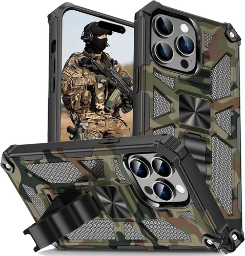 Miniatura 19 de CCSmall Funda de camuflaje para Apple iPhone 14 para hombres, protección resistente a prueba de golpes con función atril para iPhone 14 MC verde