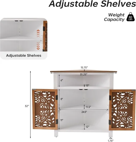 Miniatura 2 de Ahokua Armario esquinero bohemio, organizador estrecho con puertas florales talladas, armario de almacenamiento con estante ajustable y Blanco