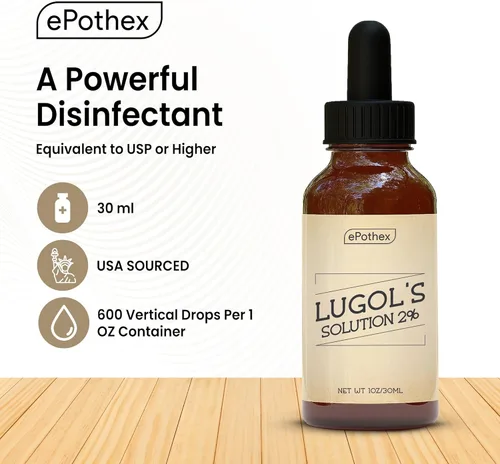 Miniatura 5 de EPOTHEX Lugol's Solution - Botella con cuentagotas de vidrio al 2% de 1 oz. Contiene yoduro de potasio y yodo, 1.0 fl oz