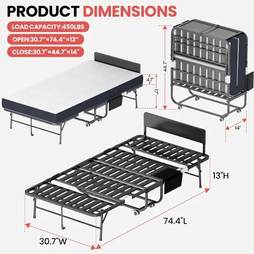 Miniatura 2 de Cama plegable de 75 x 31 pulgadas con colchón para adultos, cama enrollable portátil con ruedas, cabecero y bolsillo, colchón de espuma
