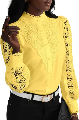 Miniatura 19 de Rooscier Blusa Elegante de Encaje de Crochet con Cuello Alto Simulado de Manga Larga con Botones para Mujer Top
