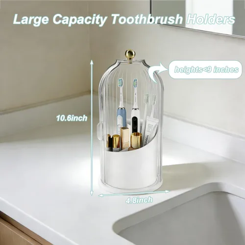 Miniatura 5 de Organizador de cepillos de dientes de baño, organizador de almacenamiento de cepillos de dientes giratorio de 360° con cubierta a prueba de polvo