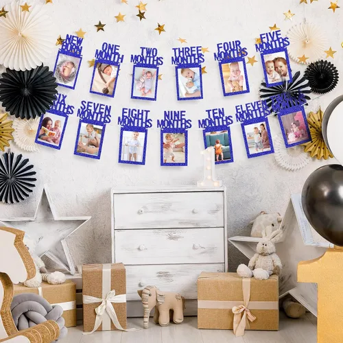 Miniatura 5 de Whaline Cartel de fotos de bebé de primer cumpleaños para recién nacido a 12 meses, guirnalda de fotos de hitos mensuales, decoración de celebración