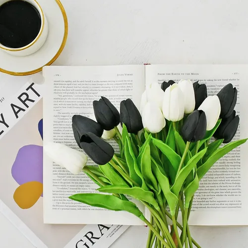 Miniatura 7 de ONLY ART Tulipanes negros artificiales, 20 unidades, flores sintéticas de poliuretano de 13.5 pulgadas con tallos flexibles para decoración