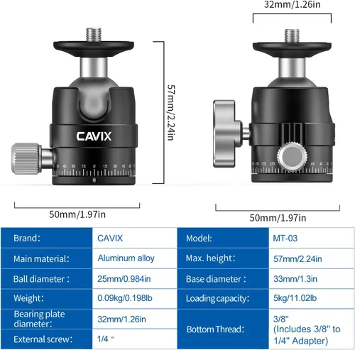 Miniatura 3 de CAVIX MT-03 Cabezal de trípode panorámico para cámara, cabeza de bola pequeña con placa de liberación rápida Arca Swiss Capacidad de carga de nivel
