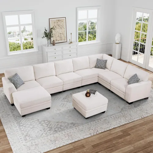 Legend Vansen - Sofás seccionales para sala de estar, sofá en forma de L de corduroy con otomana para sala de estar, dormitorio y apartamento Crema