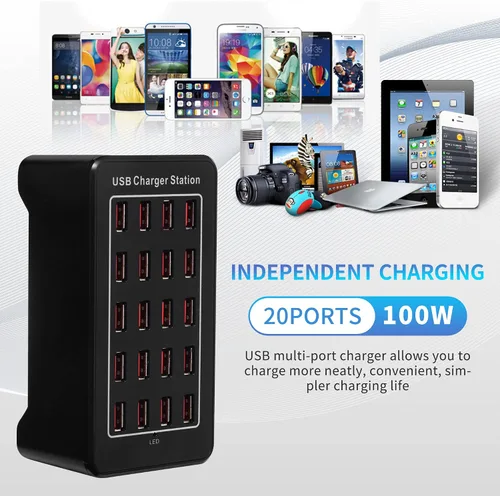 Miniatura 4 de Estación de carga USB de escritorio de 20 puertos - Cargador inteligente multifunción de 100 W para teléfonos inteligentes, tabletas y más