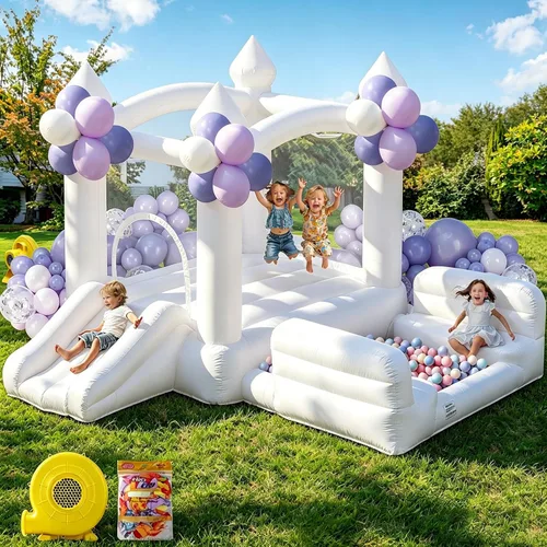 Casa Inflable Blanca para Niños de 3-8, Casa Inflable Grande con Soplador de Aire Tobogán Piscina de Pelotas Saltando 100 Pelotas, Castillo Inflable