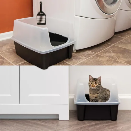 Miniatura 3 de IRIS USA - 2 Pack Caja de arena para gatos grande de tapa abierta con lados altos, escudo antidesperdicio y pala, color negro, para gatos