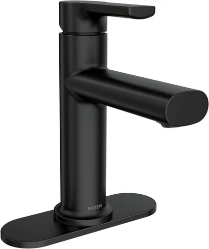 Miniatura 4 de Moen Meena Negro Mate Grifo de Lavabo de Baño Moderno con un Solo Agujero y una Sola Manija con Placa de Cubierta Opcional y Montaje de Desagüe