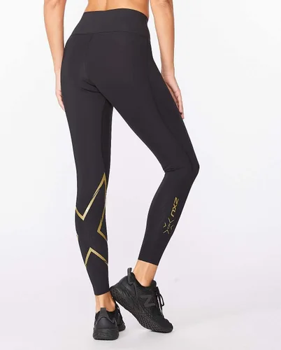 Miniatura 2 de 2XU Mallas de compresión Force de tiro medio para mujer con cintura plana y ancha para entrenamiento y fitness, negrodorado, talla XS