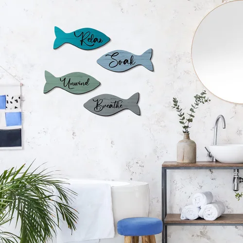 Miniatura 5 de 4 piezas de decoración de pared de peces de madera para playa, baño, decoración de pared costera, decoración de verano para el hogar, spa y baño