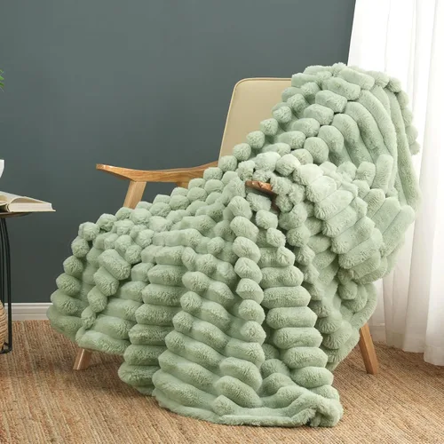 Miniatura 18 de Cozy Bliss Manta de Tiro de Piel Sintética para Sofá, Manta de Felpa Acogedora y Cálida a Rayas para Sofá Dormitorio Sala de Estar, 50 x 60 Pulgadas