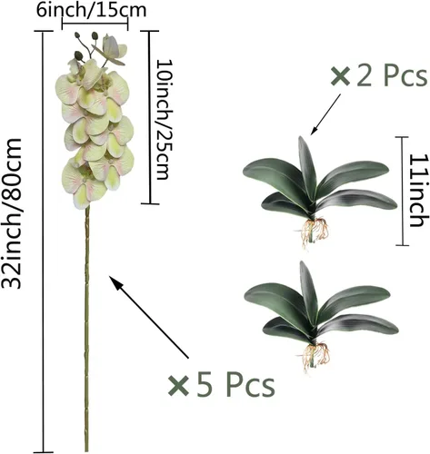 Miniatura 2 de HinyoCo 5 piezas de orquídeas artificiales y 2 paquetes de hojas, flores artificiales de Phalaenopsis de 32 pulgadas para decoración del hogar