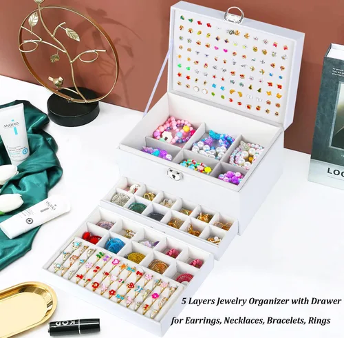Miniatura 8 de Joyero de pendientes para mujeres y niñas, organizador de aretes de 5 capas, caja organizadora de joyas blanca con candado, collares y aretes