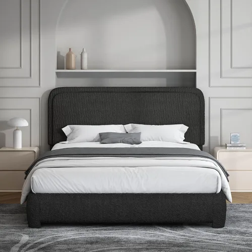 Miniatura 3 de BarnFurin Base de cama tamaño Queen, marco de cama Boucle tapizado con cabecero, esquinas redondeadas suaves, no requiere somier, antideslizante