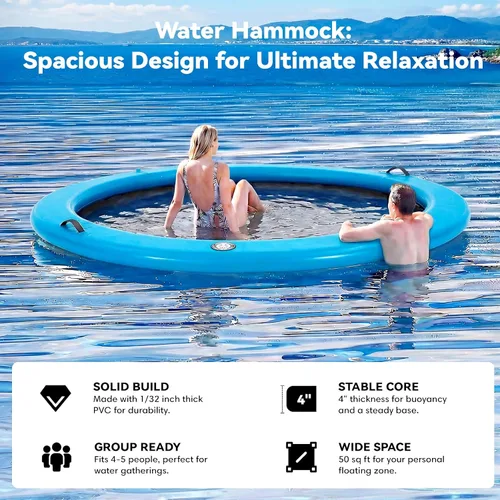 Miniatura 5 de 6-12FT Round Inflatable Floating Dock, Sunchill Float Ring, Water Hammock Tanning Pool Floats with Woven Fabric, Manual Pump for Quick Azul