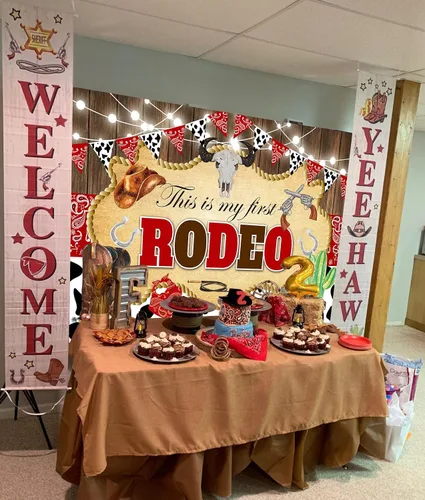 Miniatura 5 de This is My First Rodeo - Telón de fondo de madera de vaquero occidental, estampado de vaca, fondo de cumpleaños, decoración de fiesta de primer