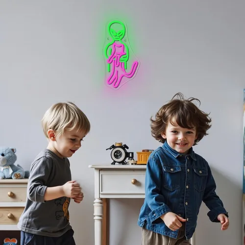 Miniatura 6 de ineonlife Letrero de neón de gato alienígena gracioso, letreros de neón en verde y rosa, artículos de gato alienígena para pared, cueva de hombres