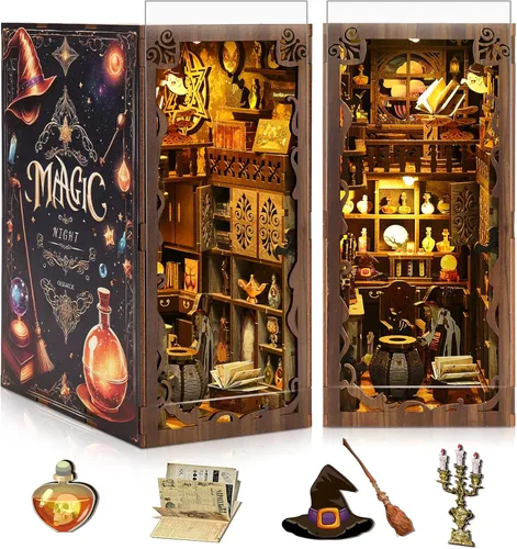 Kit de rincón de libros, kit de casa en miniatura con cubierta antipolvo, luz LED, rompecabezas de madera 3D, sujetalibros, manualidades, decoración