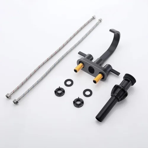 Miniatura 6 de SUS304 - Grifos de baño negro mate para fregadero de 3 agujeros, 4 pulgadas, grifo de cascada con drenaje emergente y 2 mangueras de suministro