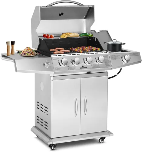 Polar Aurora Parrilla de gas propano 4 quemadores con quemador lateral, carrito de parrilla de acero inoxidable con ruedas para patio al aire libre,