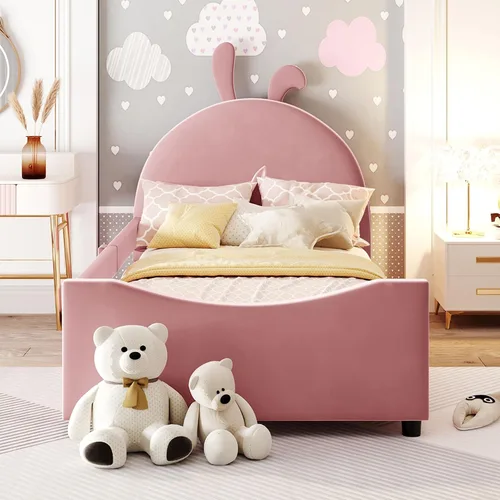 Miniatura 3 de Sofá cama de terciopelo de tamaño individual con cabecera en forma de oreja de conejo, marcos de cama de plataforma individual para niños y niñas