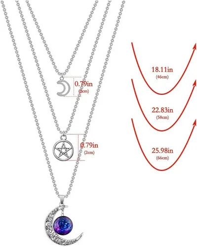 Miniatura 5 de MJartoria Collar de pentagrama de luna, collar de chakra de cristal, colgante, con dije, cadena de aleación multicapa, conjunto de gargantilla