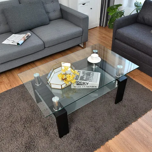 Miniatura 2 de Mesa de centro rectangular de vidrio de 39.4 pulgadas, mesa de centro negra con vidrio templado y patas de metal, mesa central moderna de 2 niveles