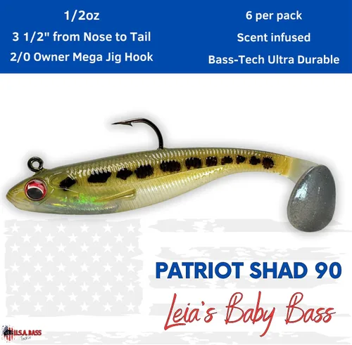 Miniatura 2 de USA Bass Tackle Patriot Shad - Swimbaits de Cola de Paleta con Aroma Infundido, Señuelos de Pesca Pre-Aparejados, Carnada Premium con Anzuelo Owner