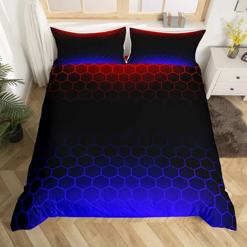 Miniatura 27 de Funda de edredón hexagonal verde estereoscópica de nido de abeja para niños, diseño geométrico de colmena, funda de edredón geométrica de panal