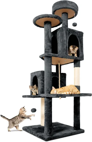 Torre de 58.5 pulgadas para gatos de interior, casa de gato de felpa suave de varios niveles con 1 cueva giratoria de 360°, poste rascador, más Gris