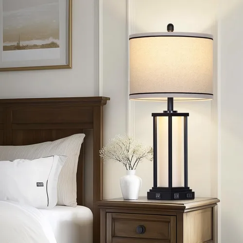 Miniatura 6 de 27in Tall Farmhouse Table Lamp with USB C+A & Outlet,Black Industrial End Table Lamp for Living Room,Vintage Rustic Bedside Lamp with Night Light