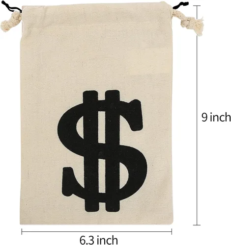 Miniatura 2 de Paquete de 4 bolsas de lona natural para dinero con cierre de cordón para recuerdos de fiesta, 6.3 x 9 pulgadas, letrero de dólar para ladrones