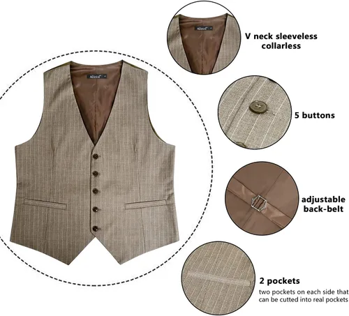 Miniatura 5 de Alizeal Chaleco de traje de negocios a rayas para hombre, vestido formal, chaleco de esmoquin