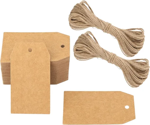 Etiquetas de precio G2PLUS, 100 unidades de etiquetas de regalo de papel kraft con cuerda, etiqueta colgante de papel en blanco de 71x41 mm,