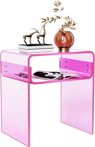 Miniatura 12 de Mesa auxiliar de 2 niveles de acrílico transparente; mesa de noche para sala de estar, dormitorio (1, Verde)