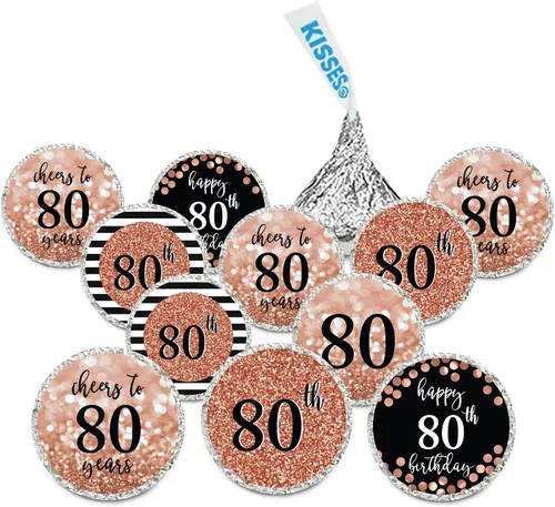 Andaz Press Glitzy - Etiquetas de gota de chocolate con purpurina de oro rosa sintético, saludos a 80 años, 80 cumpleaños o aniversario, paquete de