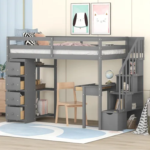 Miniatura 13 de Quarte Cama tipo loft única con cajones de almacenamiento y escaleras, cama alta de madera tamaño individual con estantes y barandillas, para niños