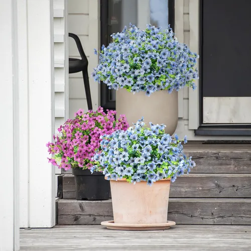 Miniatura 4 de ATTGREAT Flores artificiales para exteriores, plantas sintéticas resistentes a los rayos UV, flores falsas, margaritas, 12 paquetes de plnats de Azul