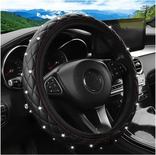 Miniatura 9 de Funda de volante de coche brillante, protector de volante elástico de cuero antideslizante, accesorios de decoración de vehículo con diamantes