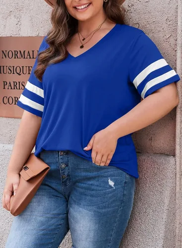Miniatura 42 de Eytino Blusas de talla grande para mujer, cuello en V, manga corta, a rayas, casual, holgada, con bolsillo (1X-5X)