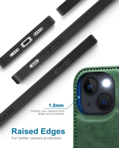 Miniatura 5 de OCASE Funda tipo cartera compatible con iPhone 13, de piel sintética con tapa tipo folio, con tarjetero, bloqueo RFID, soporte