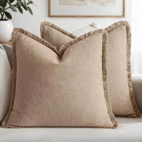 Miniatura 8 de MIULEE Juego de 2 fundas de almohada decorativas de lino neutro con flecos, fundas de cojín de estilo bohemio con borlas para sofá, cama, sala
